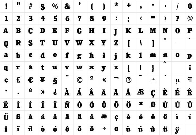 CalgarySerial-Heavy Regular  glyph index