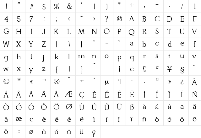 Derringer-Serial-Light Regular  glyph index
