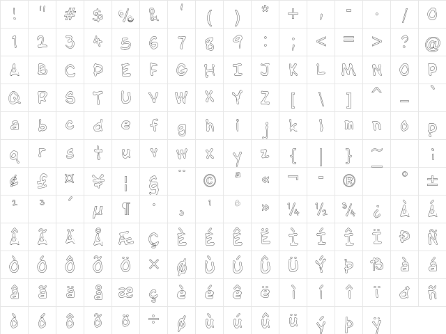 NipCen's Handwriting Outline Regular  glyph index