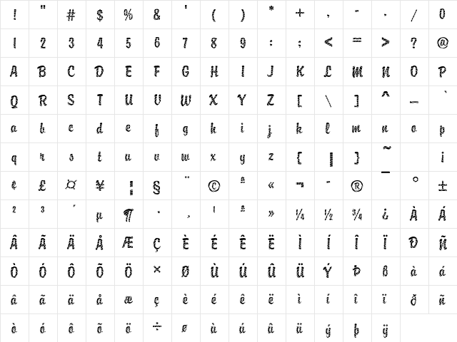 Brody25 Becker Regular  glyph index