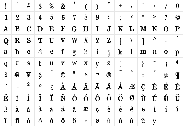 OldNewspaperTypes Regular  glyph index