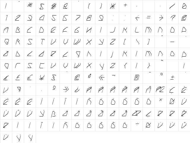 TechstepThin Oblique Regular  glyph index