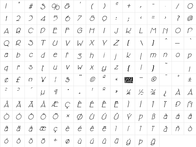 Cricket Italic  glyph index