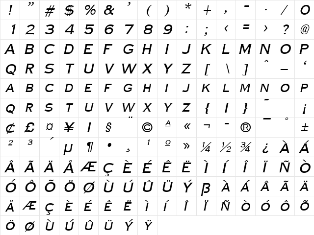 CopperPlateCondensed Italic  glyph index
