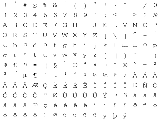 URWTypewriterTLigExtWid Regular  glyph index