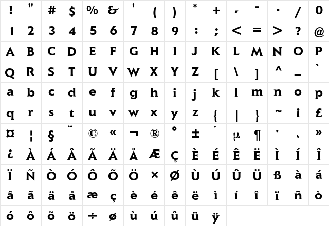 Elan BQ Regular  glyph index