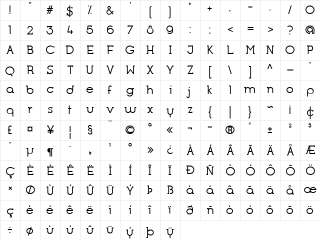 Opificio Serif Regular  glyph index