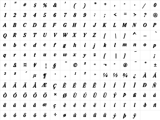 CheltenhamCondLH Bold Italic  glyph index