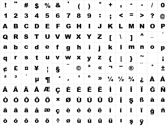 TR Arial Black Regular  glyph index