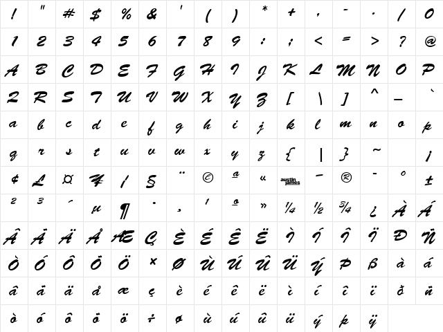 BrushStroke Regular  glyph index
