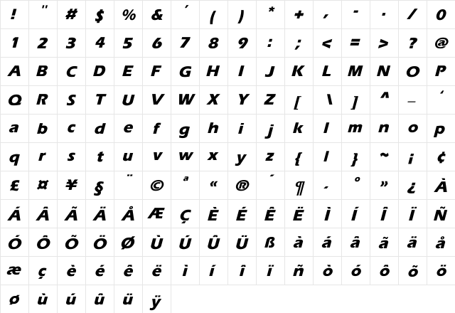 Eras-Bold Italic Italic  glyph index