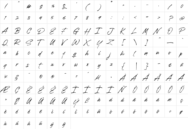Brushwell Regular  glyph index