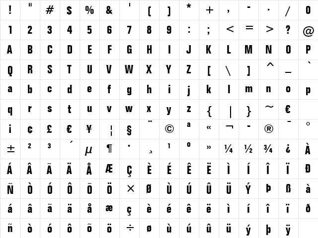 Folio BdCn BT Bold  glyph index