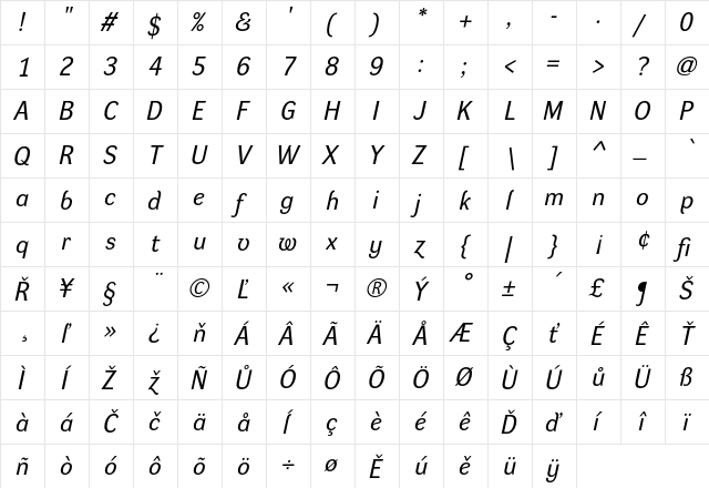 Dynamo R Regular  glyph index