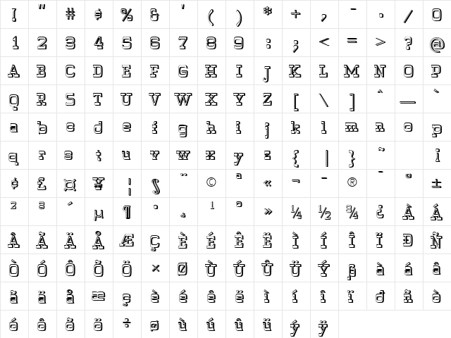 WyomingPastadShadowed Regular  glyph index