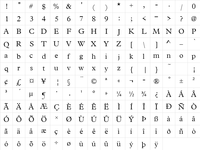 URWPleiadesTLig Regular  glyph index