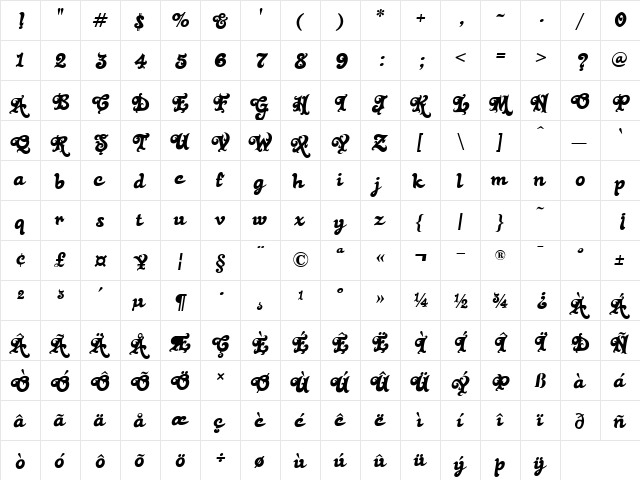 Black Rose Regular  glyph index