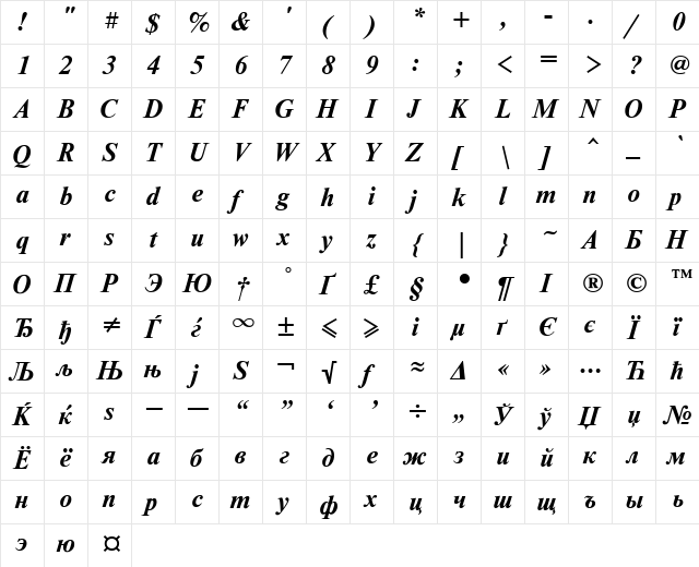 NewtonMACCTT BoldItalic  glyph index