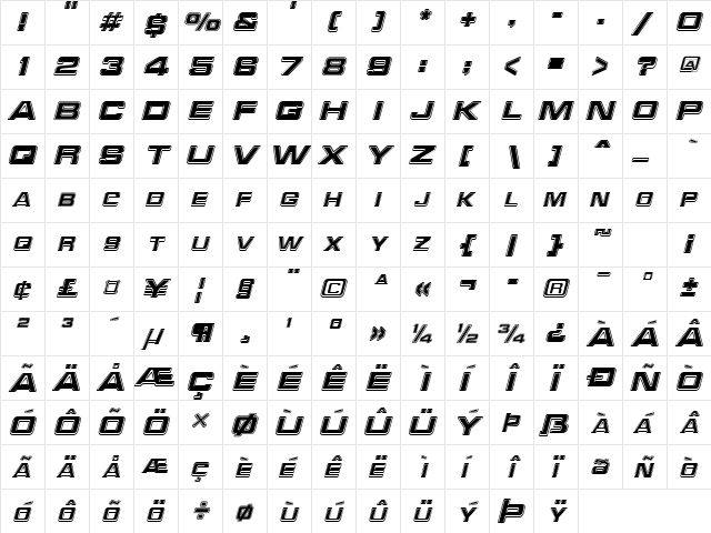 RedAlert Italic  glyph index