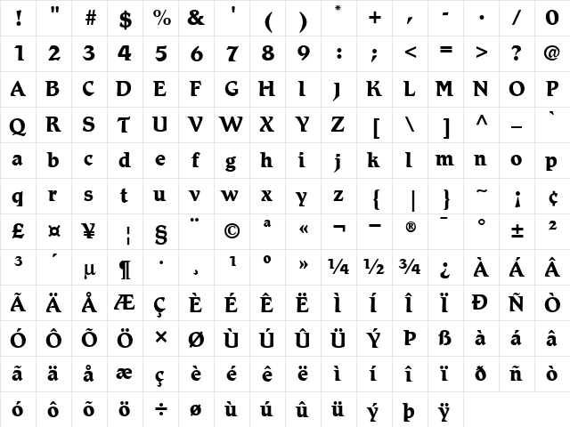 Romic Bold  glyph index