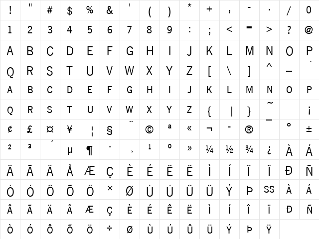 News Gothic Becker Discaps Regular  glyph index