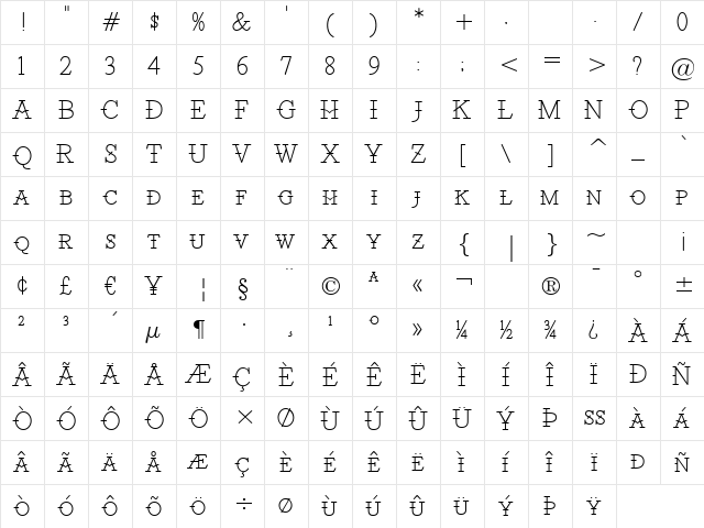 Santiago BTN Light Regular  glyph index