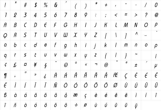 Bimini Condensed Italic  glyph index