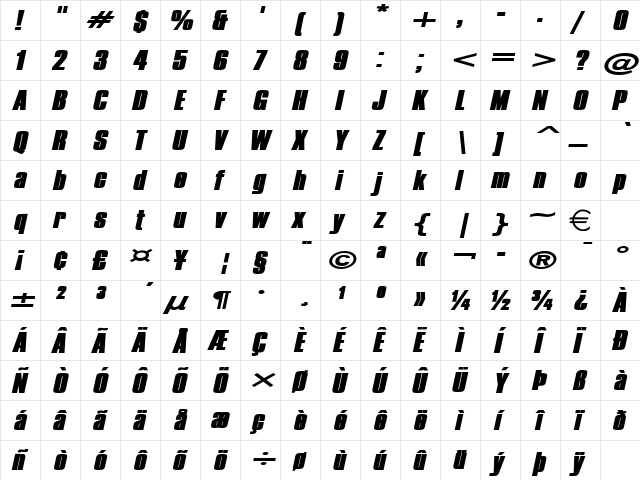 CommadorExtendedHeavy Italic  glyph index