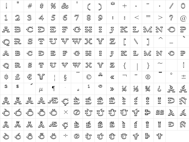 Santiago BTN Shadow Regular  glyph index