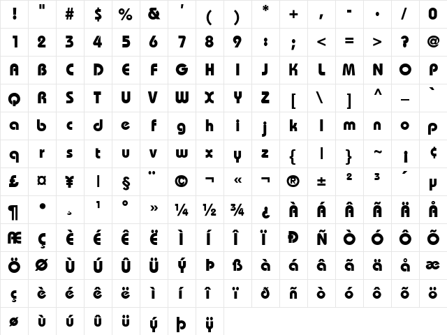 Bahamas Bold  glyph index