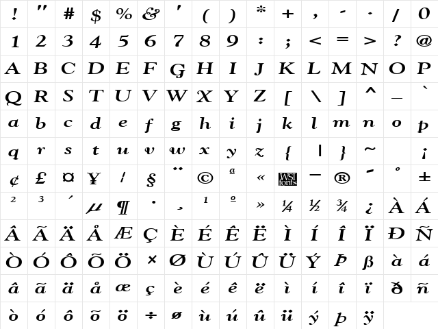 GildeBroad Bold Italic  glyph index