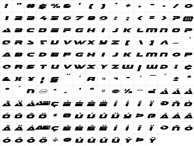 Galant Expanded Italic Expanded Italic  glyph index