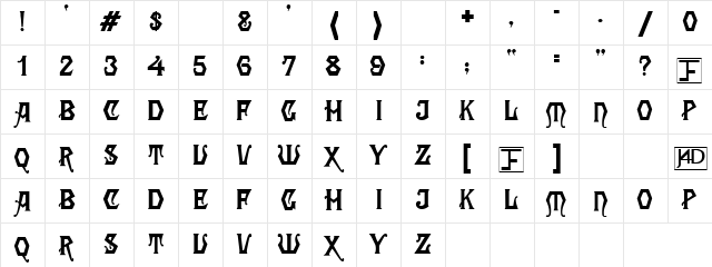Clearcut Regular  glyph index