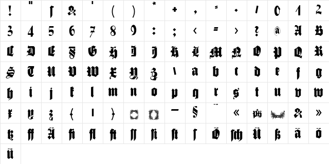 SchmalfetteGotisch Regular  glyph index