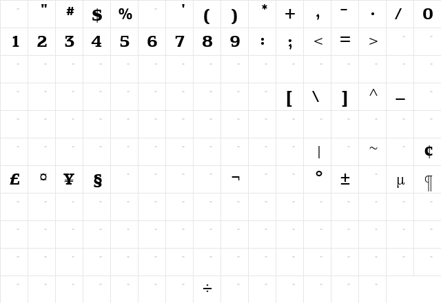 EquestrienneBoldTab Roman  glyph index