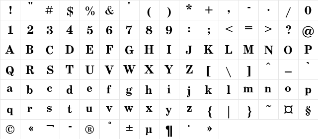 SchoolBookC Bold  glyph index
