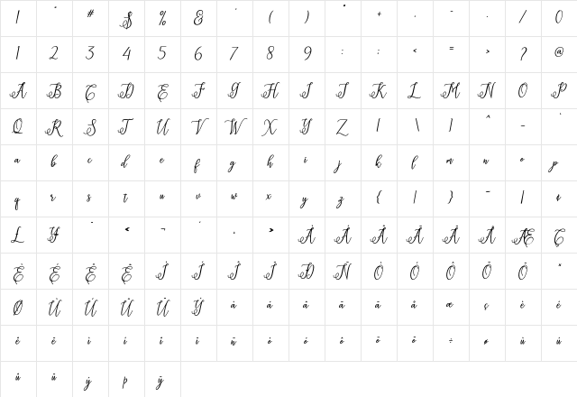 Eritta Slant Bold  glyph index