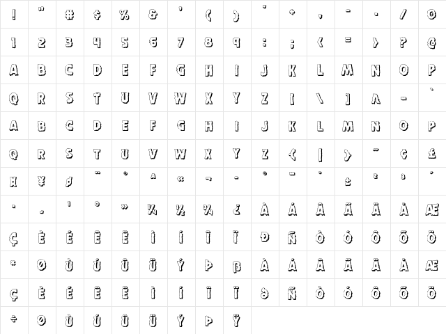 Horroween 3D Regular  glyph index