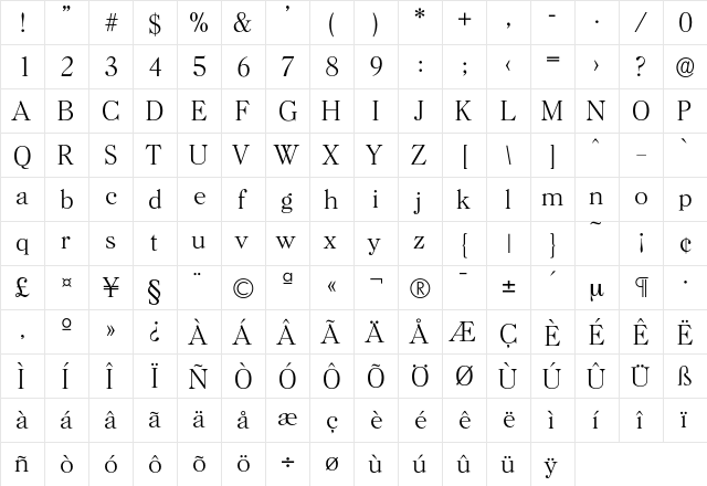Horsham-Xlight Regular  glyph index