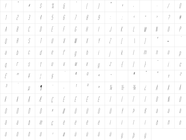 Tall Films Oblique Regular  glyph index