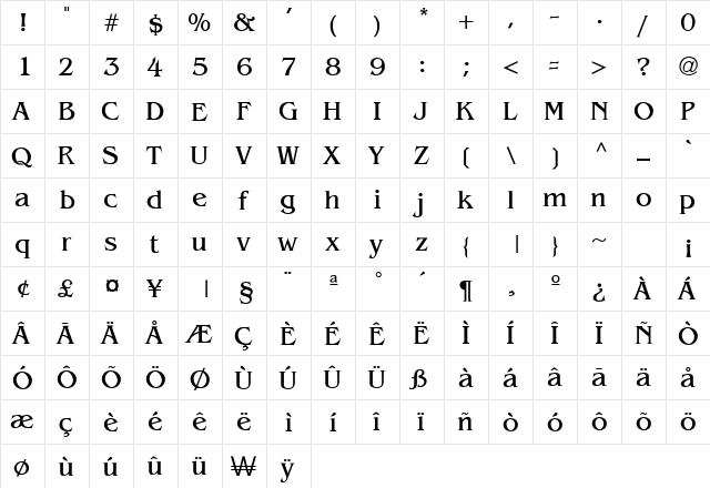 Bengal Regular  glyph index