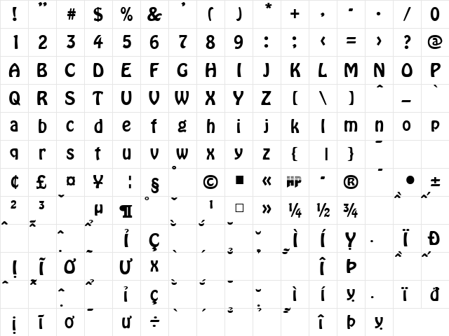 HP-Hobo Regular  glyph index