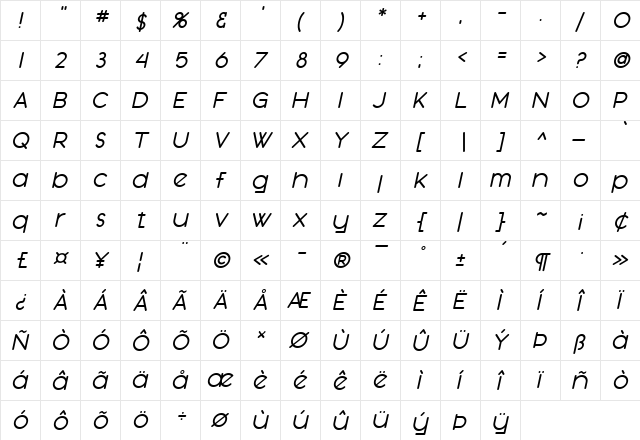 SF Orson Casual Medium Oblique  glyph index
