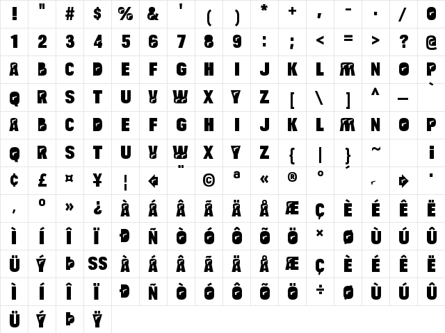Bulltoad Pistol Regular  glyph index