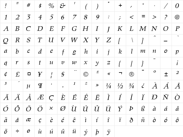 Hawkhurst LT Std Italic Regular  glyph index