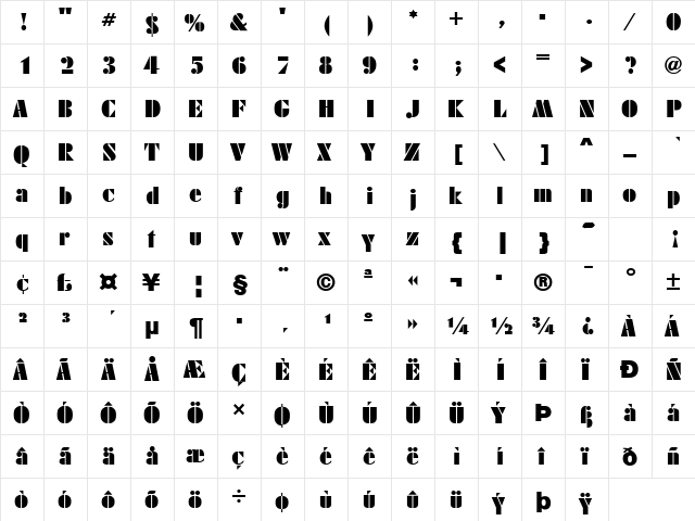 DecoBlack Regular  glyph index