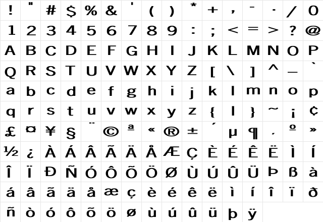 NewsGothic Ex Bold Bold  glyph index