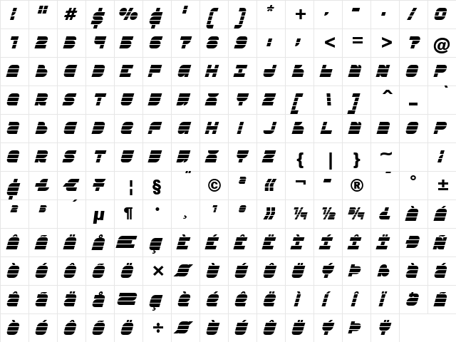 Breakbeat BTN Oblique  glyph index