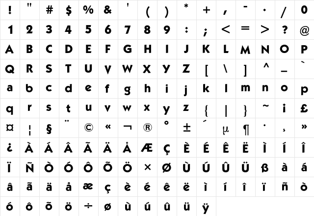 Kabel ITC BQ Regular  glyph index