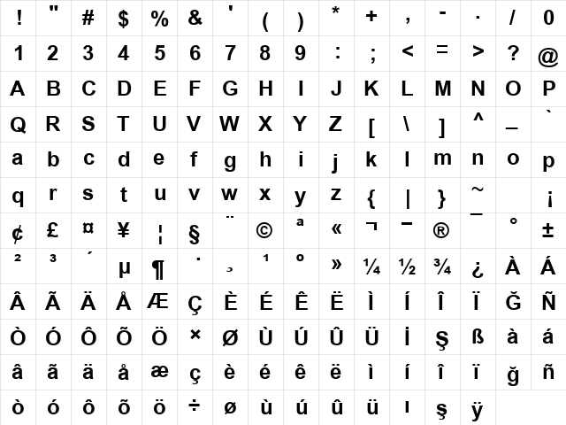 Arial Digiscream Bold  glyph index